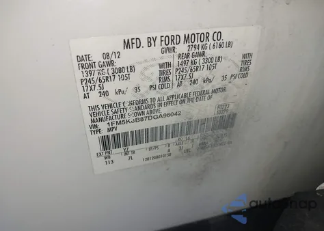 2013 Ford Explorer from USA, damaged, VIN 1FM5K8B87DGA96042